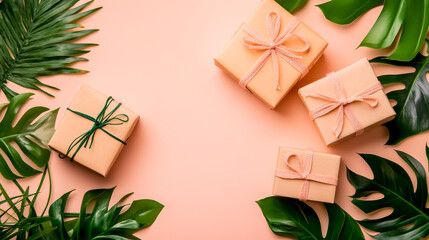 Tropical summer background with gift boxes