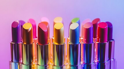 Colorful rainbow lipstick tubes elegantly arranged create a stunning display in a multicultural makeup demonstration, emphasizing diversity and beauty with ample copy space available.