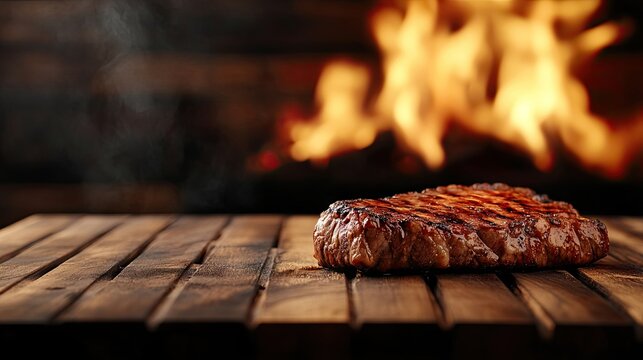 Wooden board table sits empty in front of a barbecue grill, emphasizing a beef steak over a hot flaming fire, perfect for capturing the essence of grilling with photo style copy space.