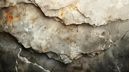 Fototapeta premium Textured layers of cracked and weathered stone on a rough surface in natural light