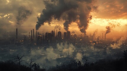 Industrial Cityscape Under a Smoky Sunset