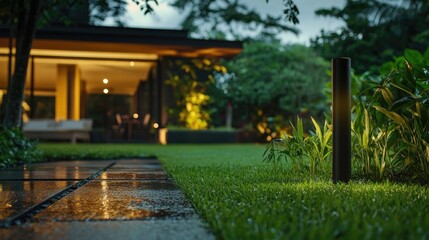 Obraz premium Efficient LED lighting pole brightens up the lush wet grass, creating an inviting ambiance in a serene setting. The efficient LED lighting enhances the beauty of the greenery.