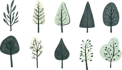 A series of  cute and simple vector trees in a hand-drawn doodle style