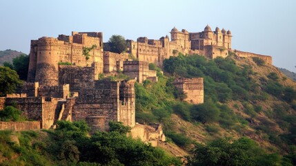 Fototapeta premium Majestic Fort on a Hilltop Surrounded by Lush Green Landscape Under a Clear Sky, Showcasing Ancient Architecture and Historical Significance