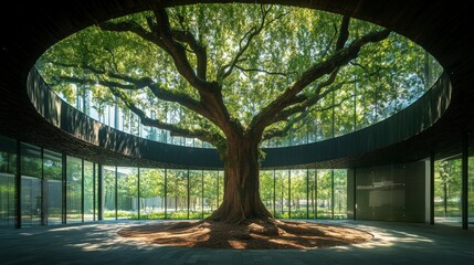Tree-Centric Museum, an innovative space integrating nature with architecture, featuring a majestic tree with branches reaching through the roof