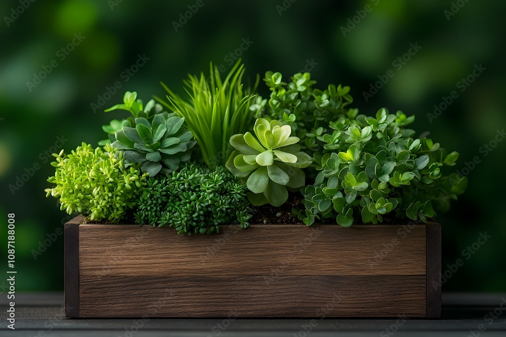 Poster rustic wooden planter box filled with a thriving array of houseplants and cascading greenery in natu