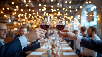 A group of business team members in formal attire raising red wine glasses for a celebratory toast surrounded by a warm