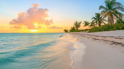 Vibrant colors illuminate a glimmering sandy beach at sunset, creating a stunning scene perfect for relaxation. The glimmering sandy beach invites tranquility with ample photo style copy space.