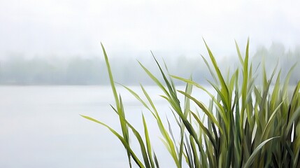 Obraz premium A shot of water with greenery upfront and hazy clouds behind