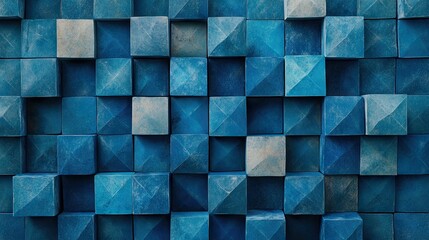 Abstract blue geometric background featuring an arrangement of cubes creates a visually striking design. This cube pattern lends itself well to various creative projects and offers ample copy space.