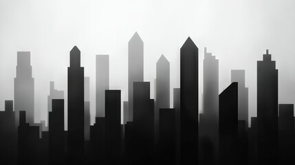   A photo captures a black-and-white urban landscape with towering skyscrapers in the foreground and hazy fog in the backdrop