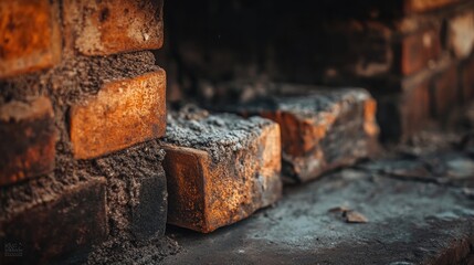 Close-up capture of a dusty fireplace highlighting soot-stained bricks, offering a detailed view of their texture and charm. Dusty fireplace composition with ample copy space.