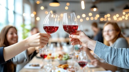 Hands of business colleagues raising red wine glasses in a toast capturing the spirit of achievement teamwork and in a corporate or office setting with a soft blurred bokeh lighting background