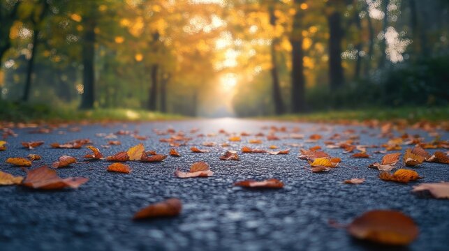 Fallen leaves create a picturesque scene on the asphalt road, transforming the path into a canvas of autumn visual poetry, inviting reflection and tranquility in natures embrace. - Powered by Adobe