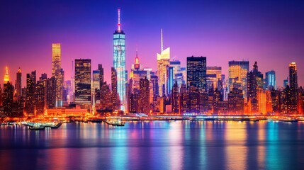 Vibrant New York City skyline illuminated at night, skyscrapers glowing against a deep blue sky, bustling urban life below.
