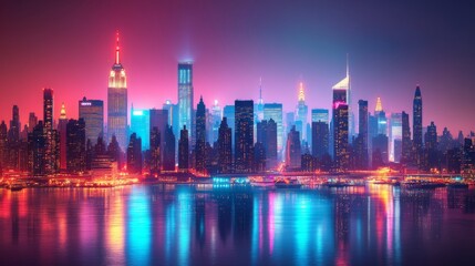 Fototapeta premium Vibrant New York City skyline illuminated at night, showcasing iconic skyscrapers and a bustling urban atmosphere