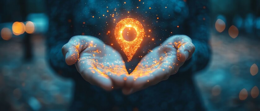 Closeup of person holding a location marker icon with a user symbol