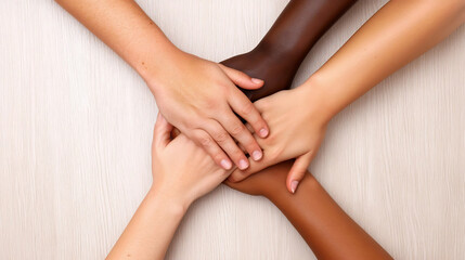 Fototapeta premium Hands Joining Together on Table Symbolizing Teamwork and Trust in Business