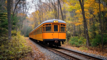 Vintage Yellow Train on Scenic Autumn Railway Surrounded by Colorful Trees and Lush Foliage in a Peaceful Woodland Setting