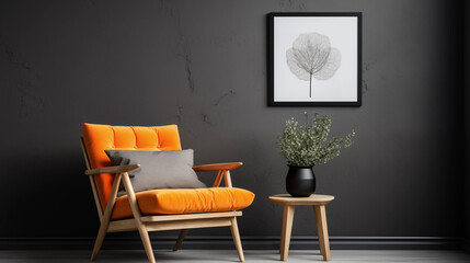 Mid Century Modern Orange Armchair in Dark Room Interior