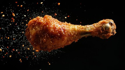 Flying fried chicken leg, splattered with oil and chili sauce, dramatic black backdrop, vibrant colors, dynamic motion