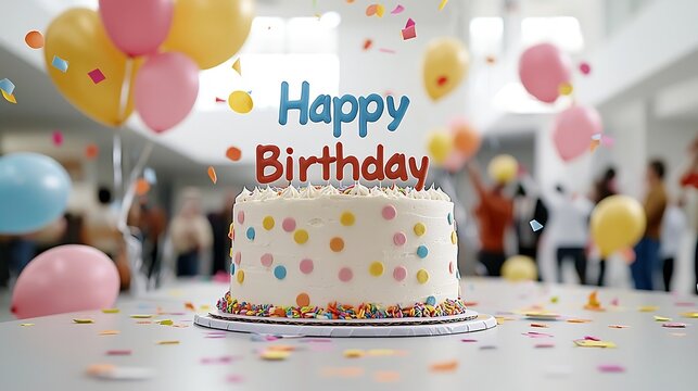 Joyful birthday scene with Happy Birthday text a variety of colorful balloons falling confetti and a cake in the center to celebrate the occasion