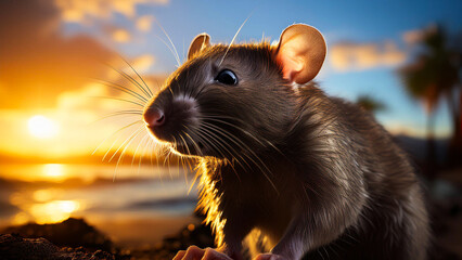 Close-up of a brown rat against a sunset background.