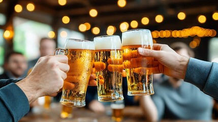 A group of business professionals raising beer glasses in a celebratory toast capturing the atmosphere of a successful corporate event or achievement