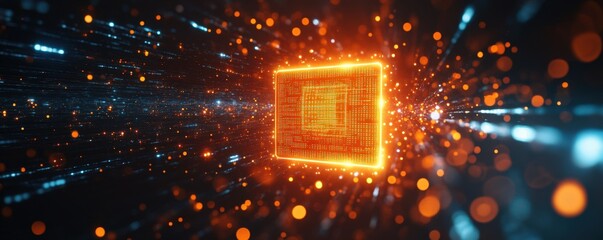 The biometric sensor, integrated into the screen, can read various biological characteristics. 
A glowing, digital chip or patch surrounded by vibrant particles and light streams