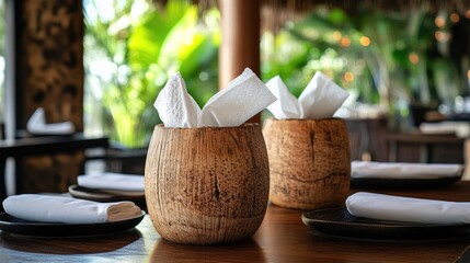 Rustic Wooden Table Decor with Napkin Holders Surrounded by Tropical Plant Life in a Cozy Restaurant Setting, Perfect for Dining Experience and Culinary Aesthetics