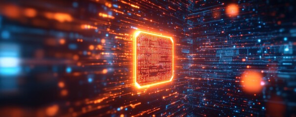 The biometric sensor chip, integrated into the screen, can read various biological characteristics. 
A vibrant digital representation showcasing a glowing square surrounded by flowing data streams.