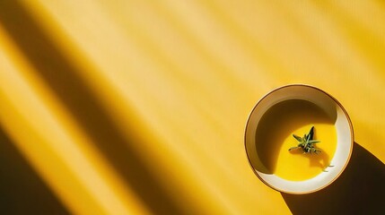  A miniature green plant resting in a white ceramic bowl atop a sunny, yellow background with the subtle reflection of a wall behind it
