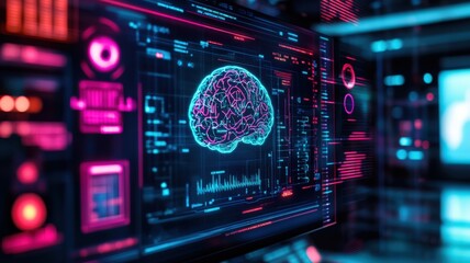 Obraz premium The biometric sensor, integrated into the screen, can read various biological characteristics. A digital representation of a brain and data analytics.