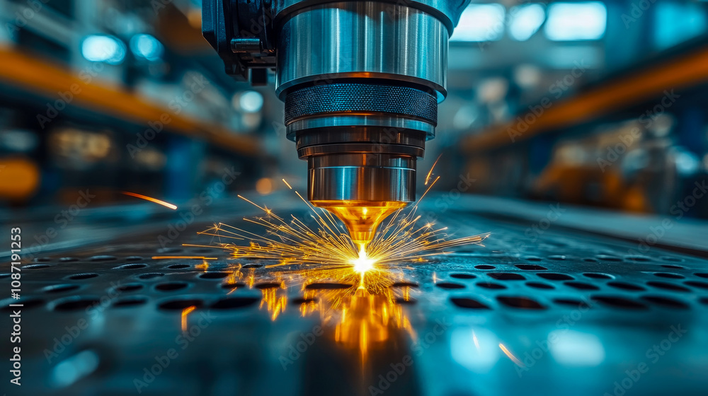 Poster a laser cutting machine operates on a metal surface, creating sparks as it precisely cuts through ma