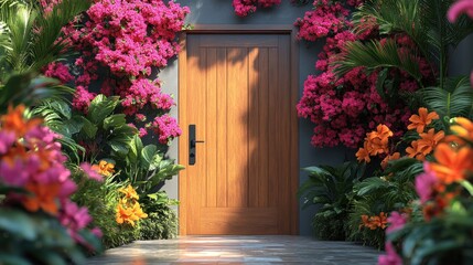 Naklejka premium A vibrant entrance adorned with colorful flowers and greenery.