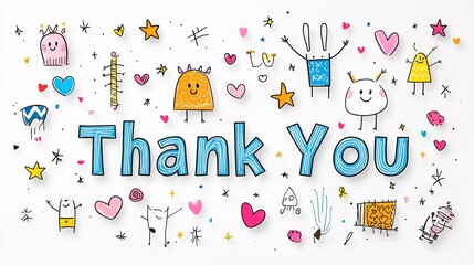 Vibrant hand drawn thank you lettering in fun colorful letters adorned with playful designs surrounded by tiny stars and hearts on a bright white background