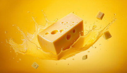 Cheese splash floating in the air yellow surface. cheese isolated on yellow background. cheeseting concept.