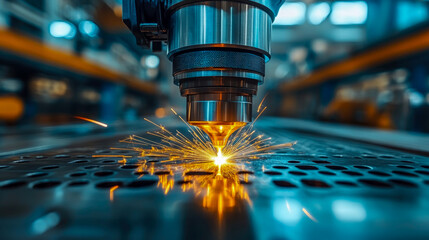 A laser cutting machine operates on a metal surface, creating sparks as it precisely cuts through material in an industrial setting