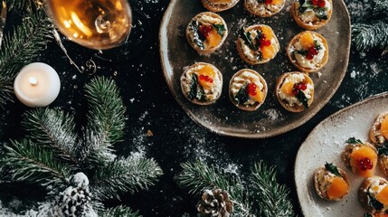 Flat-lay of festive holiday hors dâ€™oeuvres, clean, [appetizers], [seasonal culinary trends] 