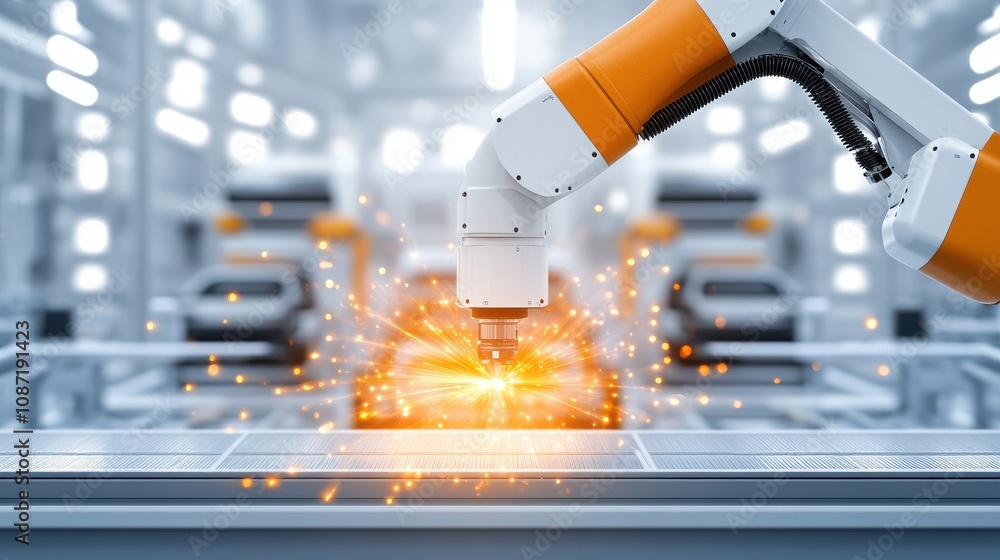 Poster a robotic arm performs precision welding in a modern industrial setting, with sparks flying and a fo