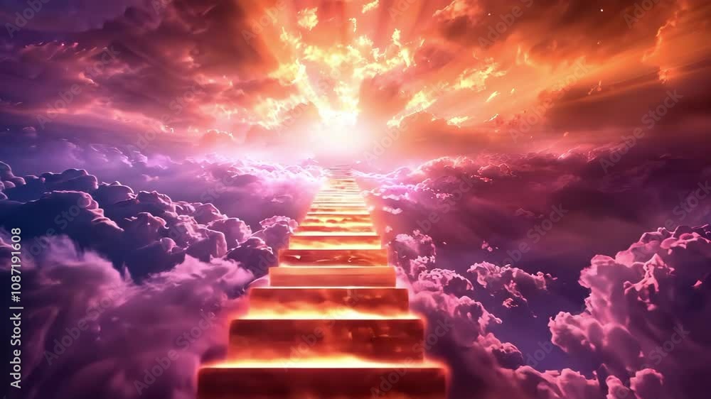 Poster a surreal scene depicting a staircase leading up through vibrant clouds and rays of light towards a 