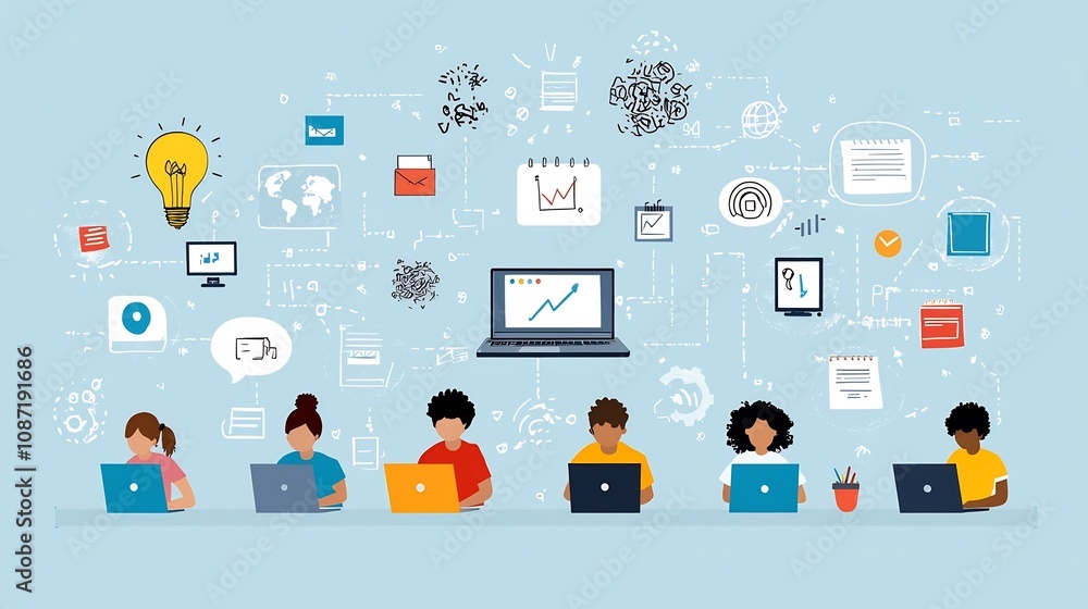 Poster depicting students using laptops and tablets for online learning surrounded by educational technolog