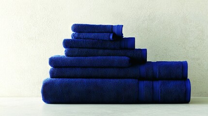   A pile of blue towels rests atop a white counter beside a white wall