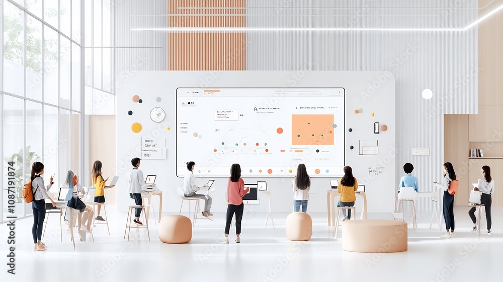 Poster Digital of Students Attending an Online Class with Interactive Technology Elements Showcasing the Future of Education Through Digital Tools