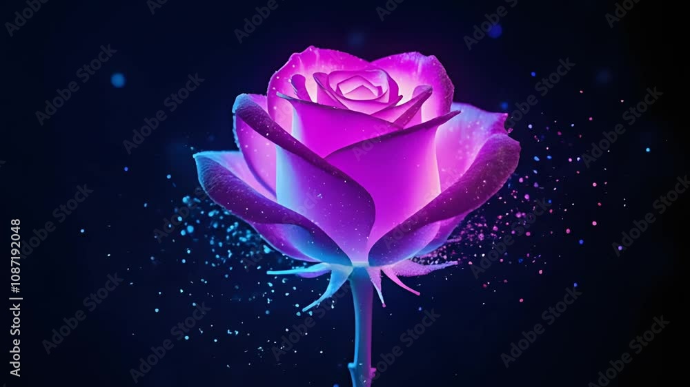 Poster a vibrant rose dissolving into glowing particles, perfect for artistic and abstract themes in design