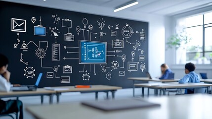 Innovative Virtual Classroom Concept Showcasing Students Connecting through Screens and Surrounded by Educational Icons and Symbols Highlighting the Role of Technology in Modern Learning Environments