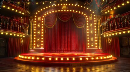 A vibrant 3D rendered circus stage, perfect for event promotions or entertainment projects. The red and gold podium is dramatically lit by carnival lights, creating a festive atmosphere