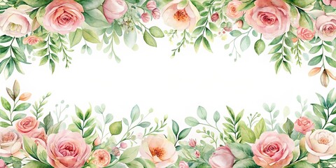 Obraz premium Elegant Watercolor Floral Border Design with Soft Pink Roses and Lush Greenery
