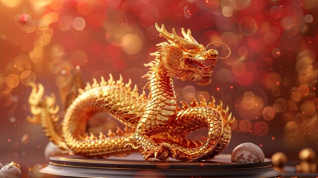 A majestic 3D golden Chinese dragon, symbolic of power and prosperity, sits elegantly on a golden podium against a rich red and gold background