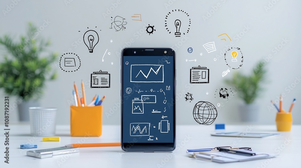 Poster of a smartphone screen displaying an online classroom setup featuring various educational technology icons representing different learning resources and academic subjects